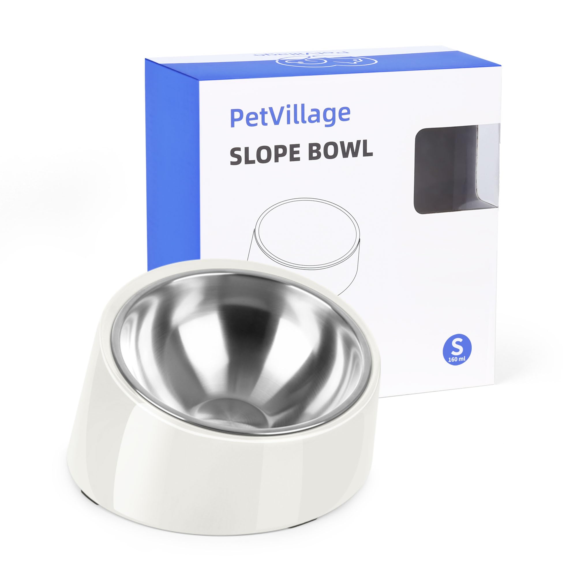 Petvillage Tilted Dog Bowl Non-Slip & Non-Spill Pet Feeder with Elevated Detachable Melamine Stand, Easy to Get Food Dog Dish, S/100ml White