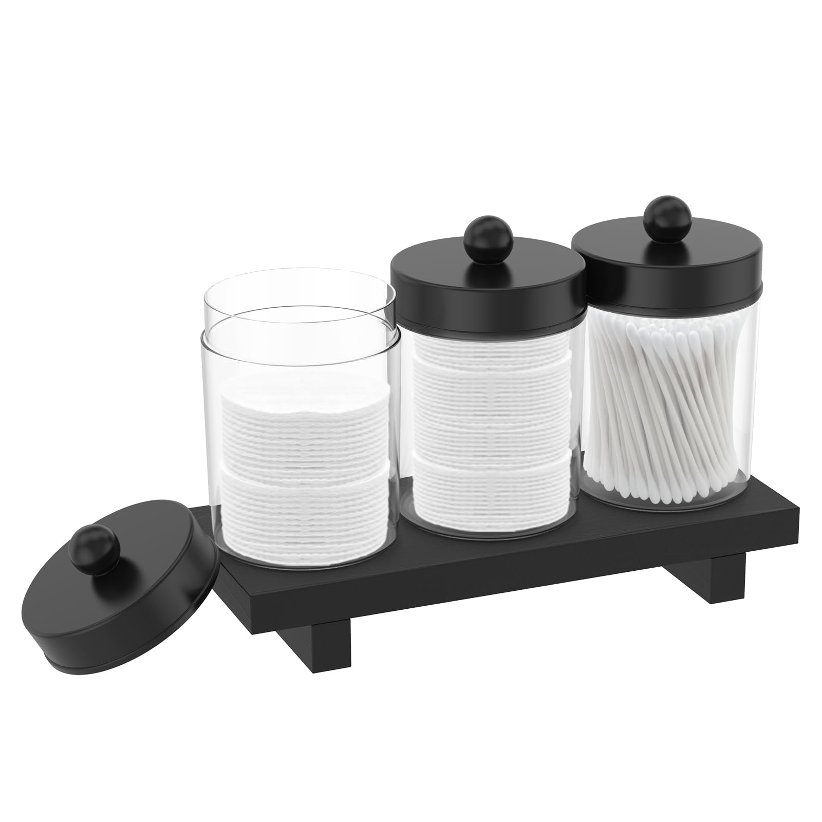 Nihuifdpy Black 3Pcs Qtip Holder Dispenser Storage Organizer With Wood Tray, Transparent Apothecary Jars Bathroom With Lid For Cotton Ball, Cotton Swab,Cottons Round Pads, Floss, Makeup Sponges, Hair Clips(Black)