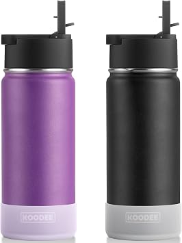 koodee 2 Pack Water Bottle with Straw 18 oz Stainless Steel Double Wall Insulated Water Bottle with Sleeve, BPA Free Purple-Black