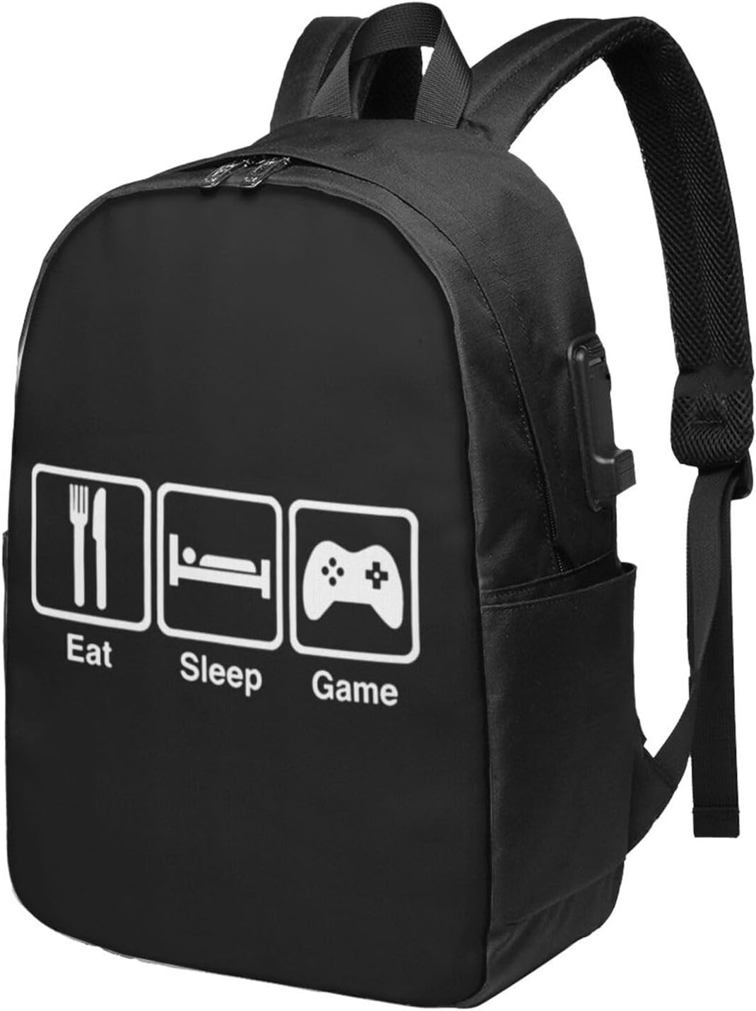 Eat Sleep Game,Quarantine,Gamer,Video Games Travel Laptop Backpack Bag with USB Charging Port 17 Inch Computer Business Backpacks for Women Men Work College Gift,Casual Daypack,Black