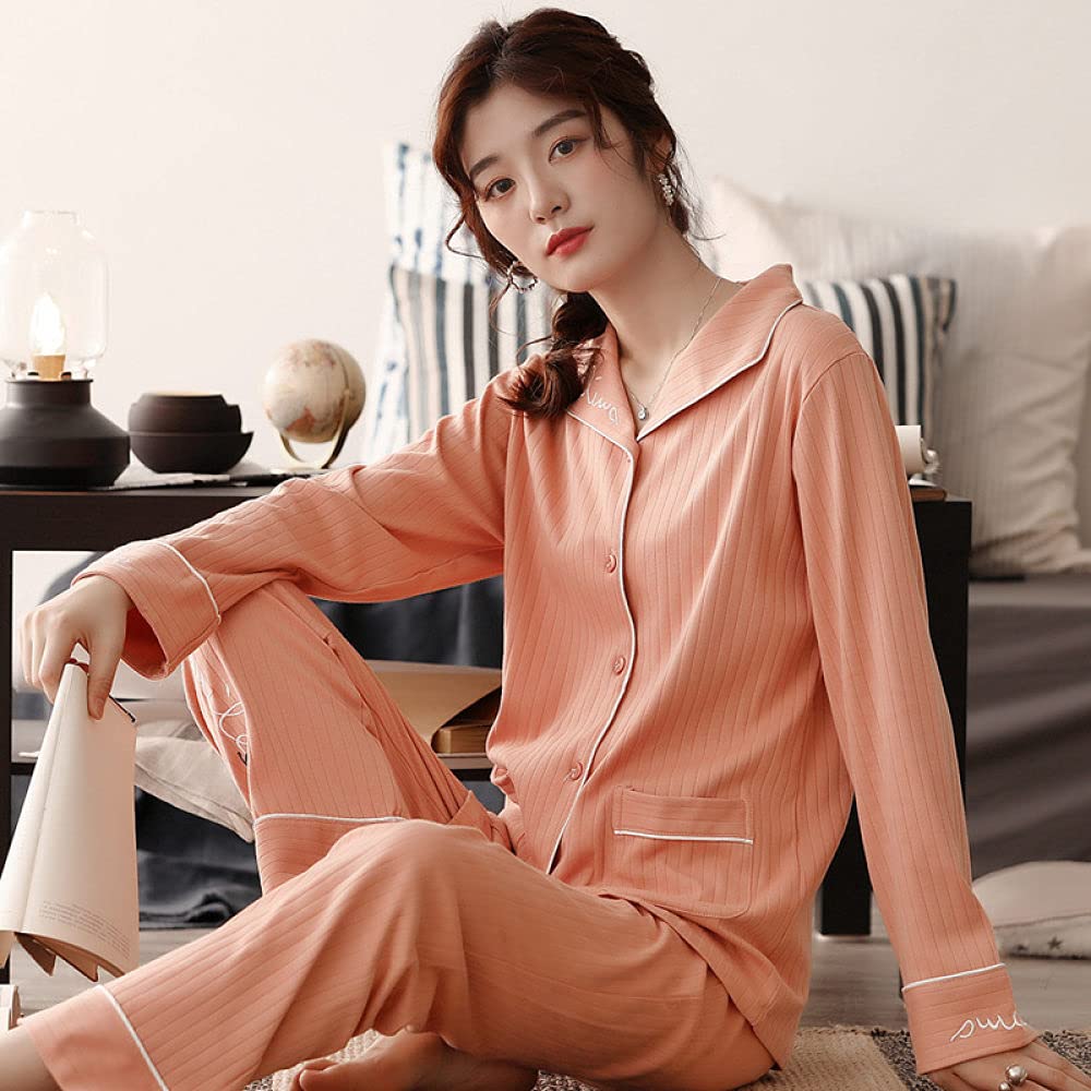 Manga Larga Pijama De Mujer De Dos Piezas,Conjunto De Pijama De Manga Larga para Mujer, Cuello Clásico con Muesca, Suave Y Cómodo, Ropa De Salón De Algodón para Mujer, Pijama De Otoño Invierno,