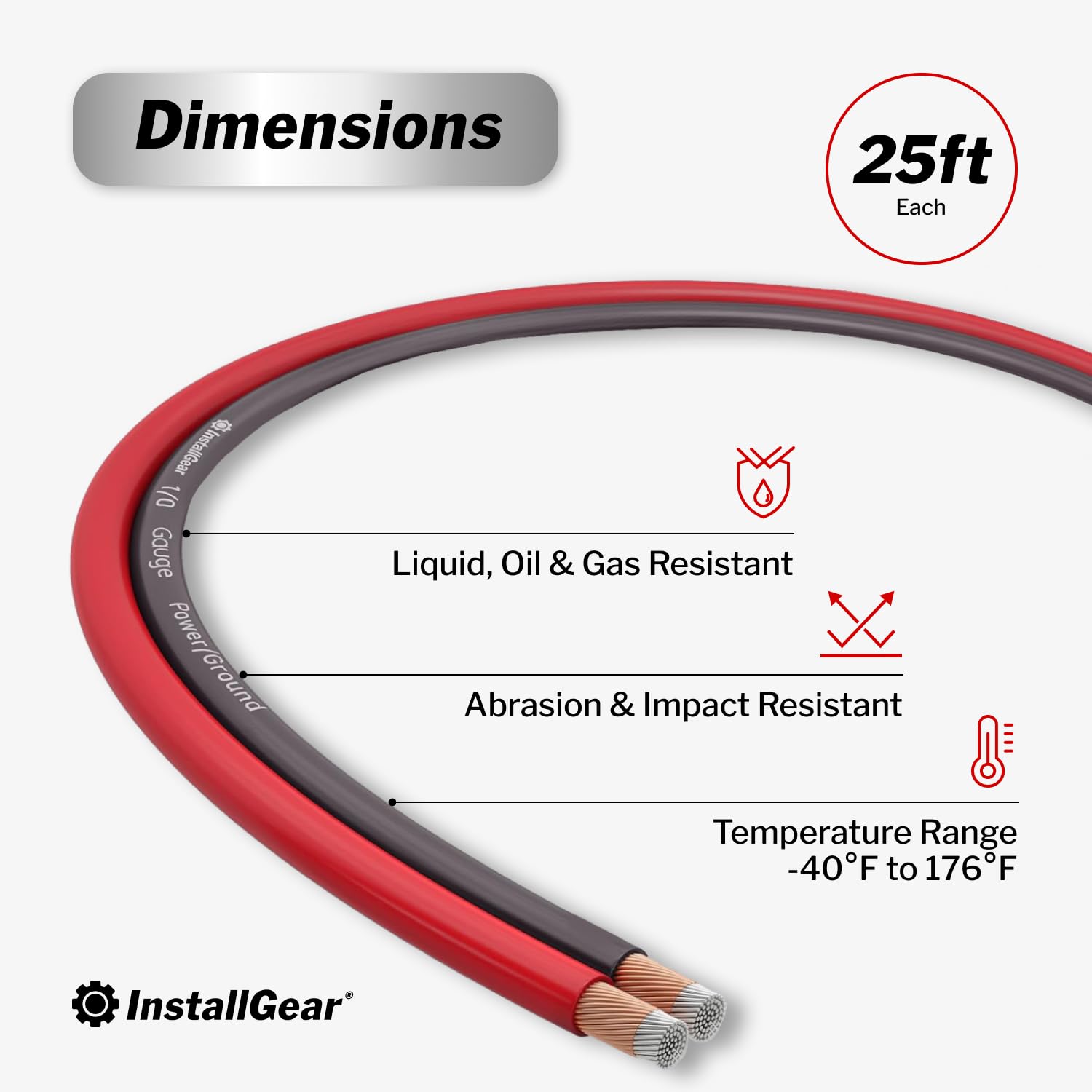 InstallGear 4 Gauge Battery Cable - 25ft Pure Copper OFC Cable, Flexible Power and Ground Wire for Car Audio, Speaker, RV Trailer, Amp, and Battery Wiring - Durable and Heat Resistant Jacket
