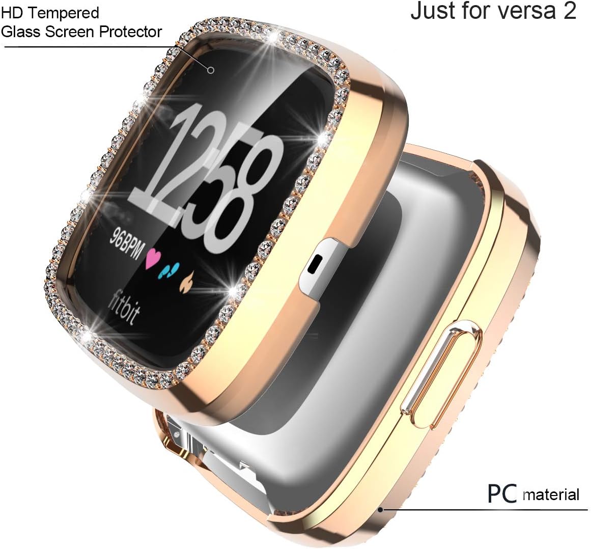Landhoo Rose Hard Case for Fitbit Versa 2 Screen Protector Accessories， Bling PC case That Have Clarity PMMA Screen Protector and Shiny Diamond Bumper Overall Protective Cover for Women Watch.