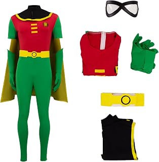 Robin Costume Men Deluxe Jumpsuit Cloak Superhero Halloween Cosplay Bodysuit with Gloves Belt Eye Mask Full Set