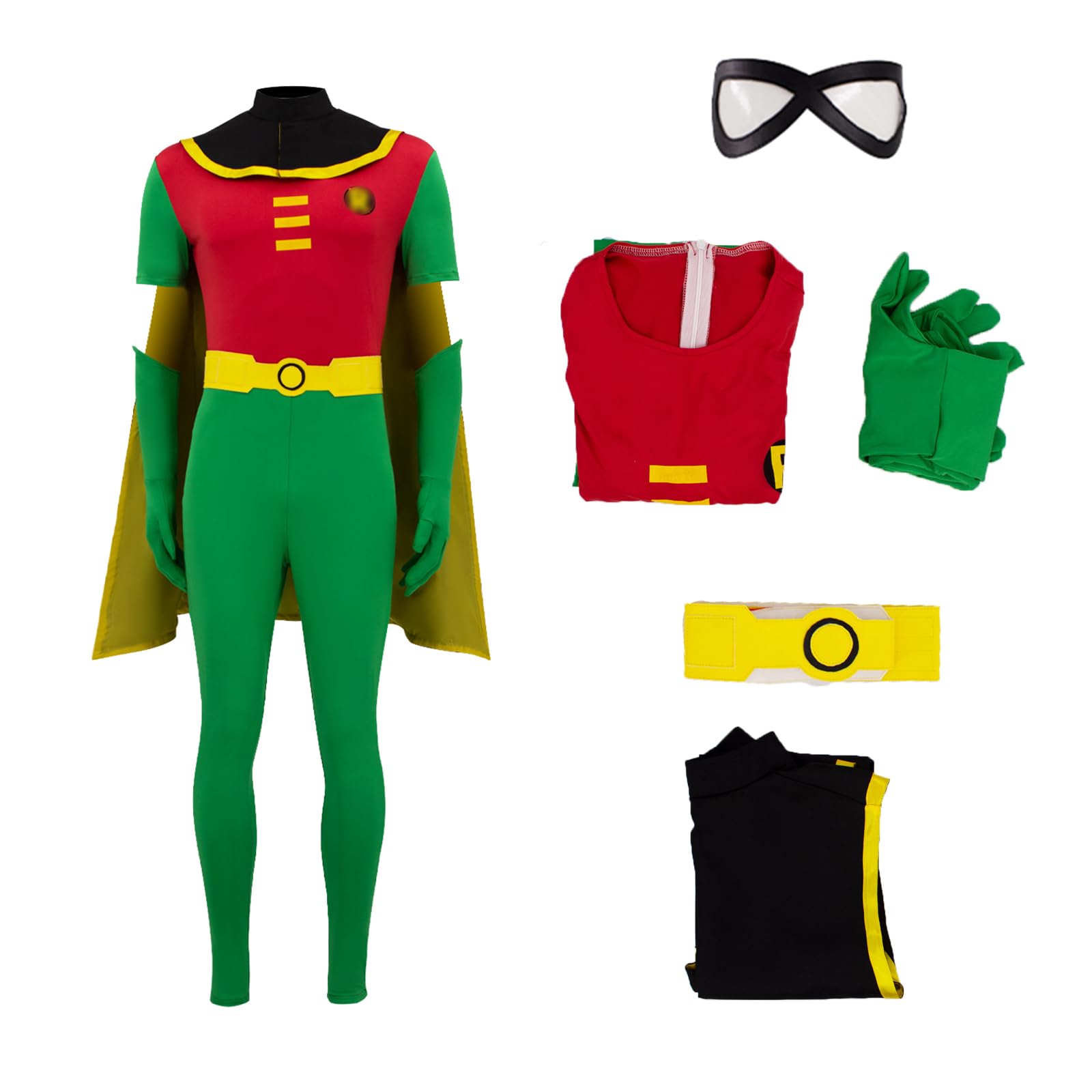 EDAUWAE Robin Costume Men Deluxe Jumpsuit Cloak Superhero Halloween Cosplay Bodysuit with Gloves Belt Eye Mask Full Set Green XS