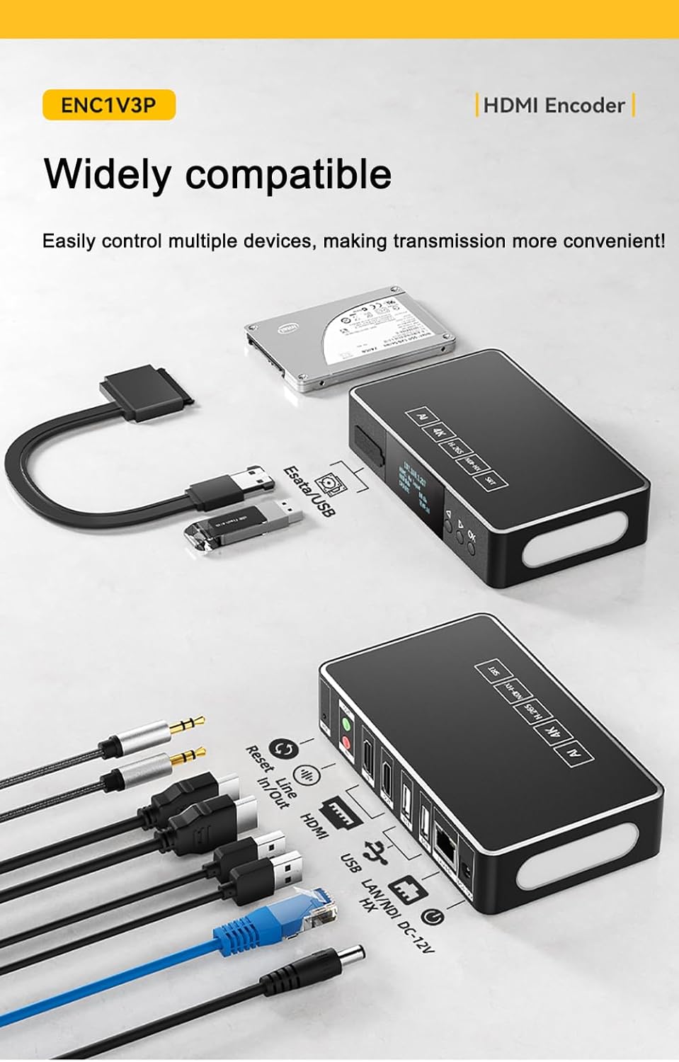 WayPonDEV ENC1-V3P 4K HD HDMI Encoder NDI Decoder - SRT RTMP/RTSP/UDP/H265 Protocols - Support POE and Tally - 100ms Low Latency, 10/100 RJ45 Ethernet Port for Live Stream Broadcasting (Basic Kit)