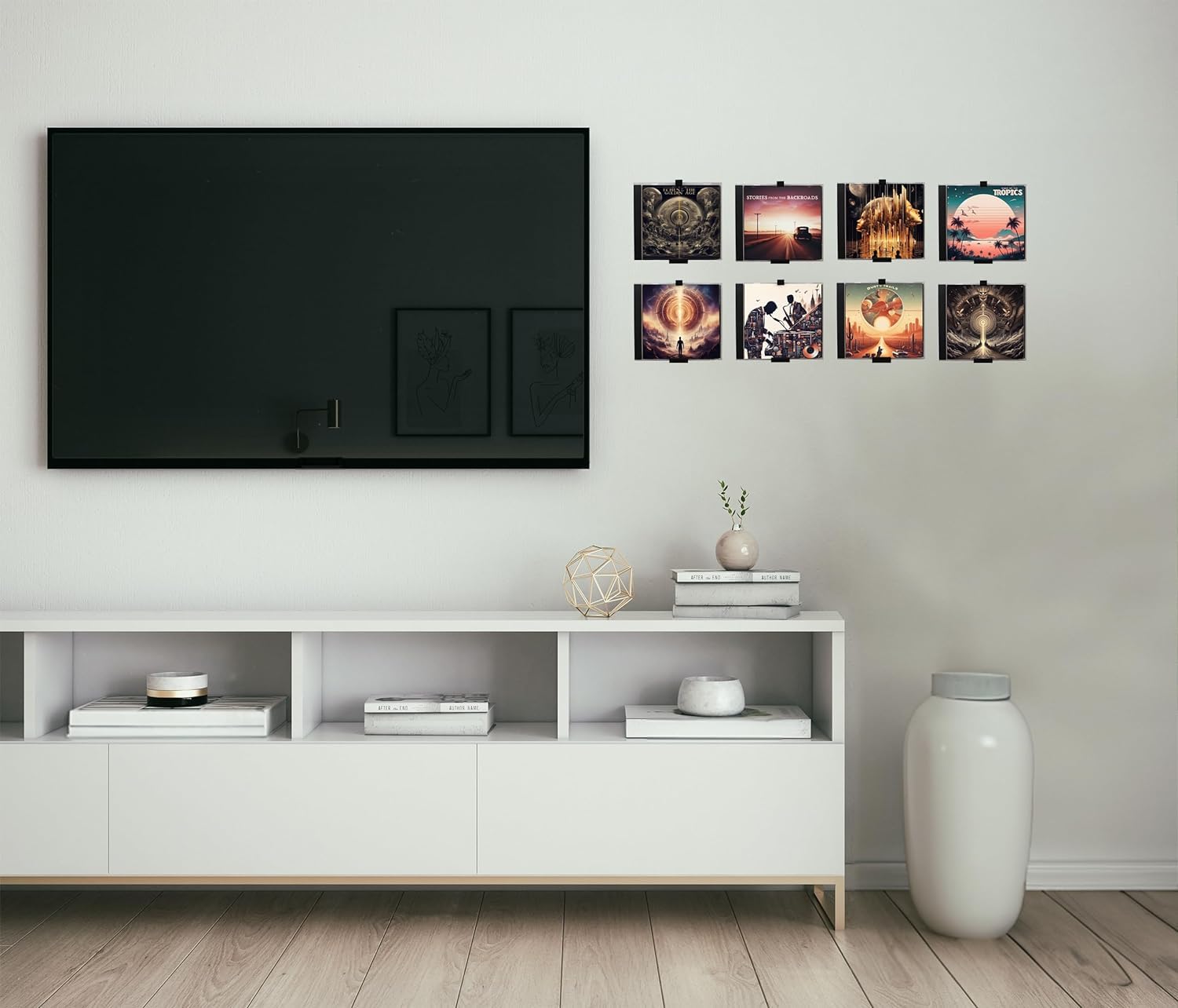 Wandhalterung | Minimalistischer, Retro Halter für 8 CDs | Regal, Deko Wand, Halterung | Selbstklebend, Ohne Bohren | Aufbewahrung (8, Schwarz)