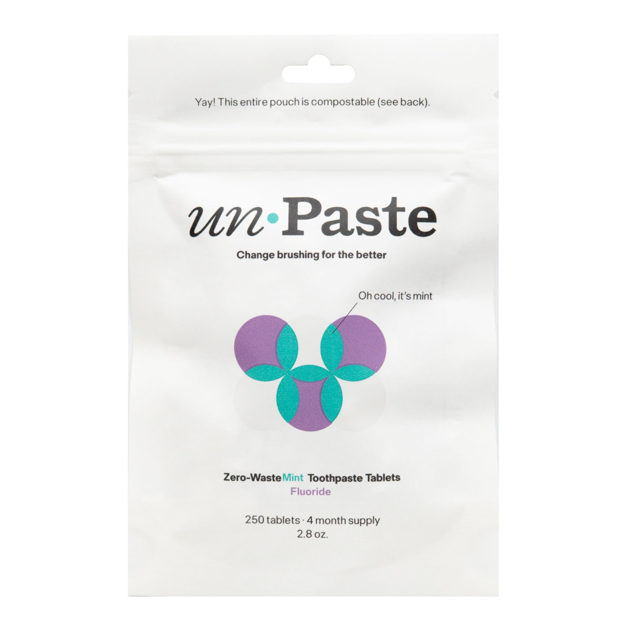 Unpaste Toothpaste Tablets New Formula Fluoride Mint Hint of Vanilla Xylitol Free Travel-Friendly Resealable Packet 250ct 4 Month