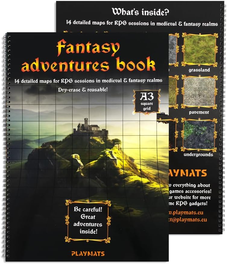 Fantasy Adventures book - A3 Księga suchościeralna do gier RPG - 14 wzorów map - siatka kwadratowa