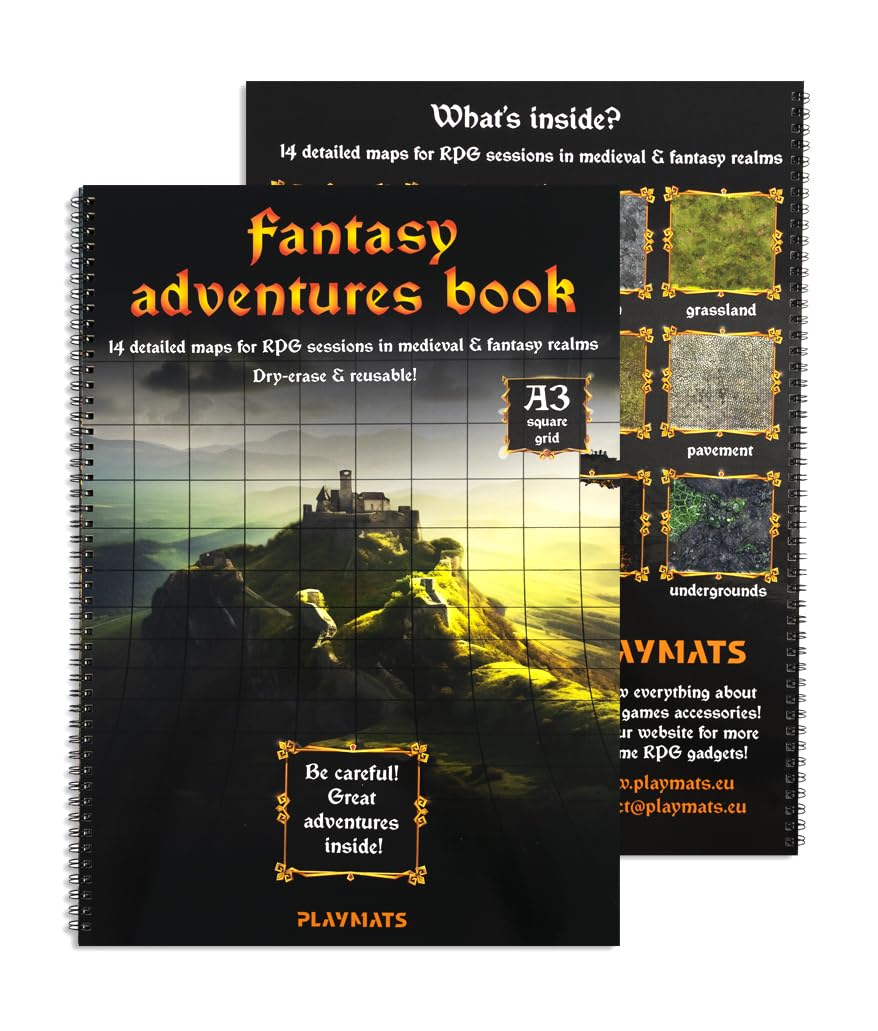 Fantasy Adventures book - A3 Księga suchościeralna do gier RPG - 14 wzorów map - siatka kwadratowa