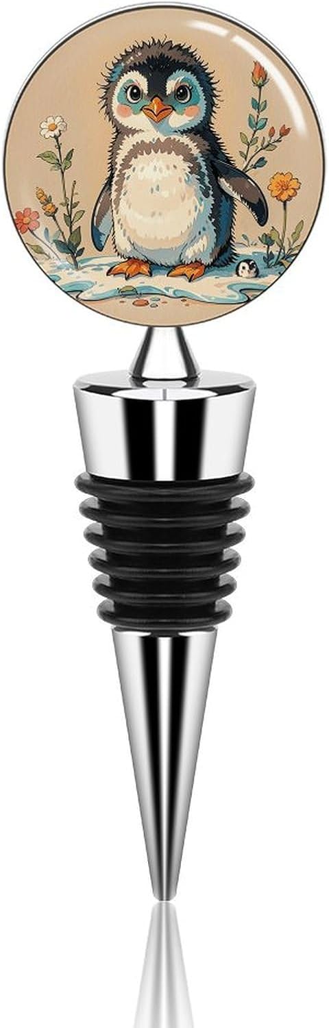 Reusable Wine Bottle Stoppers, Zinc Alloy, Cute Baby Penguins Sketch