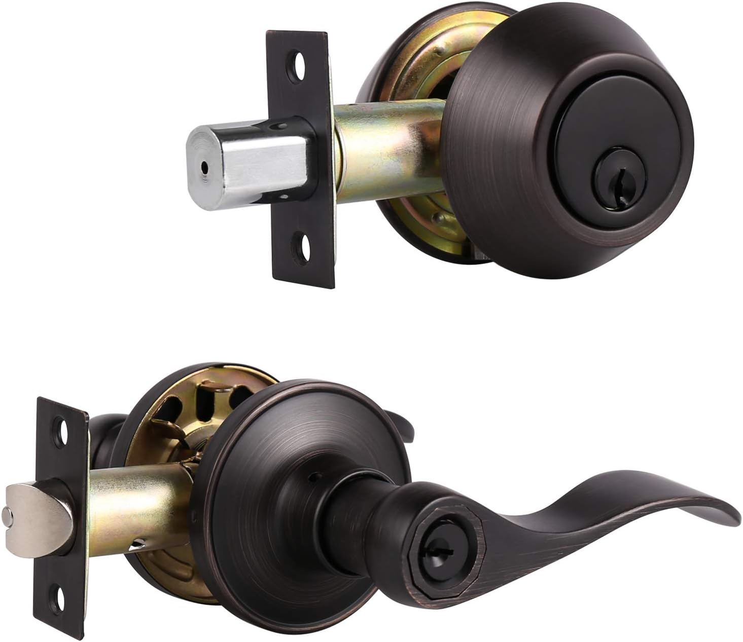 Probrico Wave Style Keyed Entry Door Handle Lever with Double Cylinder Deadbolt Combo Lock Set in Oil Rubbed Bronze Finish