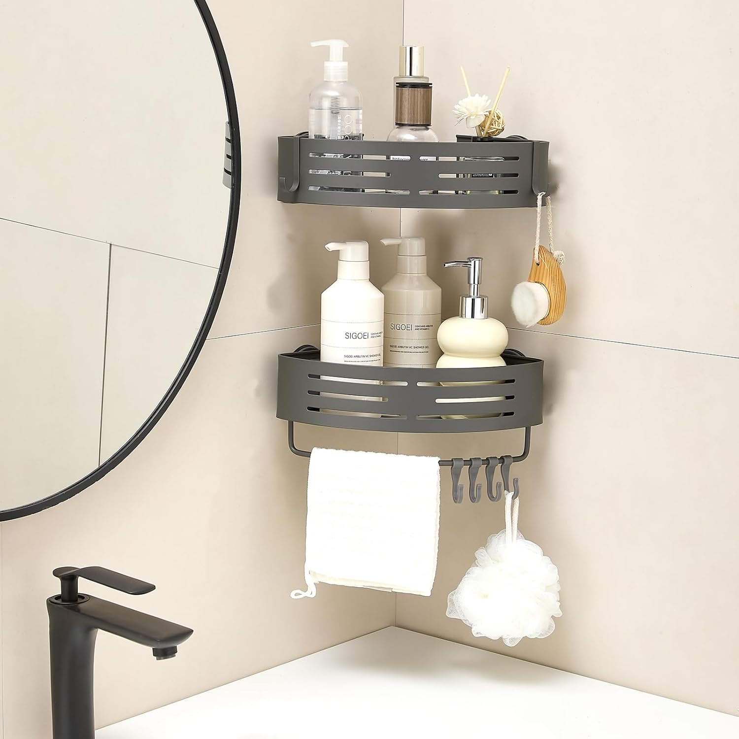Suction Cup Shower Caddy Corner, Shower Storage Rack With Large Capacity, No Drilling Suction Shelves Space-Saving Shower Organizer with Towel Bar Hooks for Bathroom & Home Decor(2pcs, Gray)