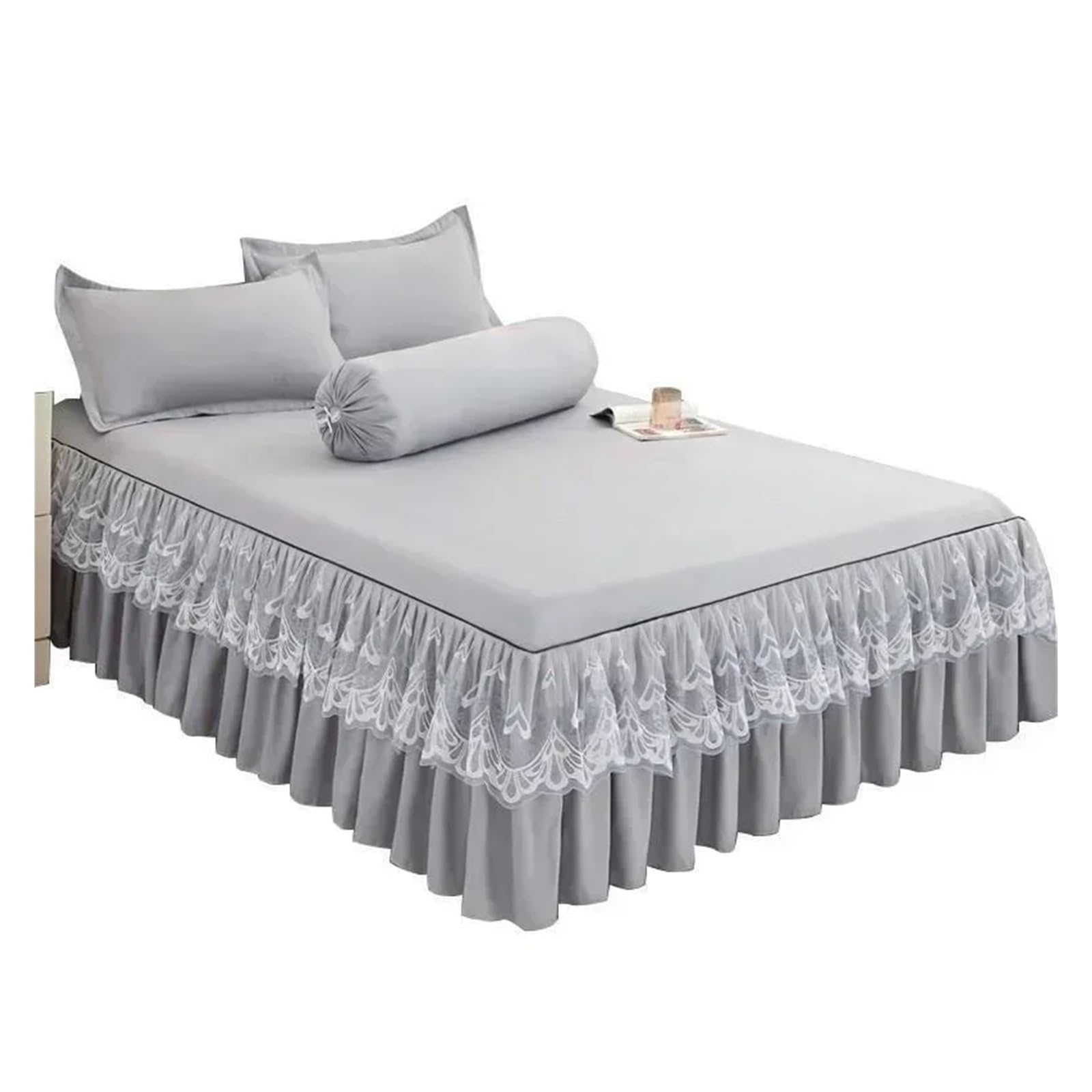 Ruffle Lace Skirt Bedspread Home Textile Solid Bed Skirt Bedroom Coverlets Bedspreads Sheets Cover Bedding(Grey,Queen)