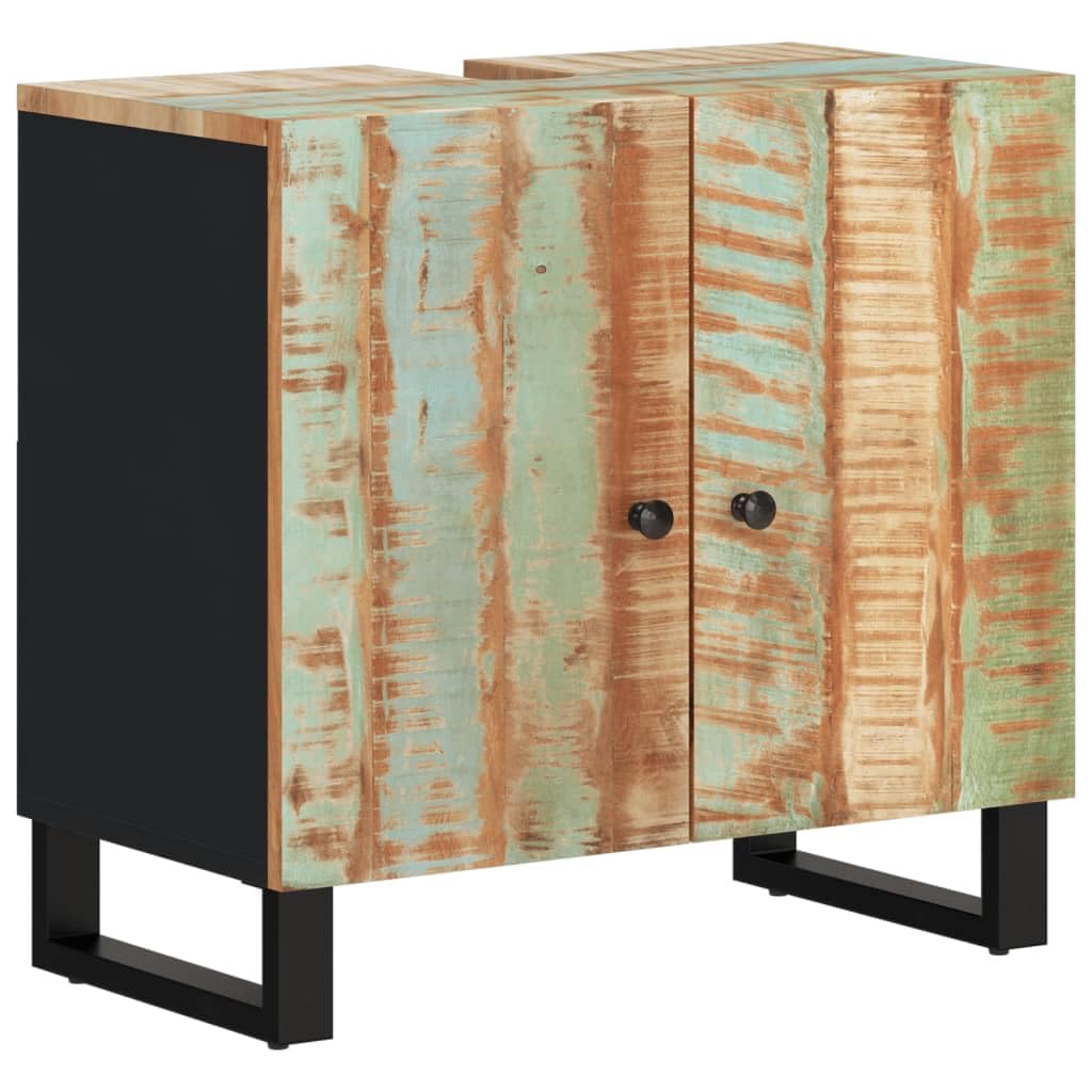 Lot de 2 meubles de salle de bain en bois massif vieilli avec pieds en fer et miroir, armoire de salle de bain rustique, 62 x 33 x 58 cm