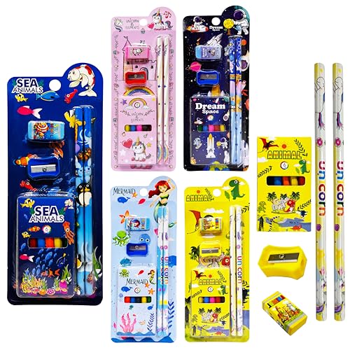 Image of PARTEET Cartoon Theme Stationery Gift Set with 2 Pencils, Sharpener, Eraser and 6 Color Pencils, Complete School Supplies |Birthday Return Gifts for Kids (Pack of 5)