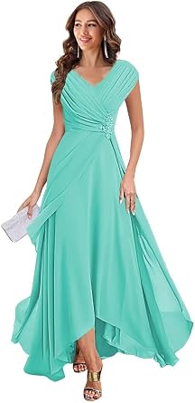 Cap Sleeve Beaded Mother of The Bride Dresses Pleated V Neck Chiffon Long Formal Evening Gown