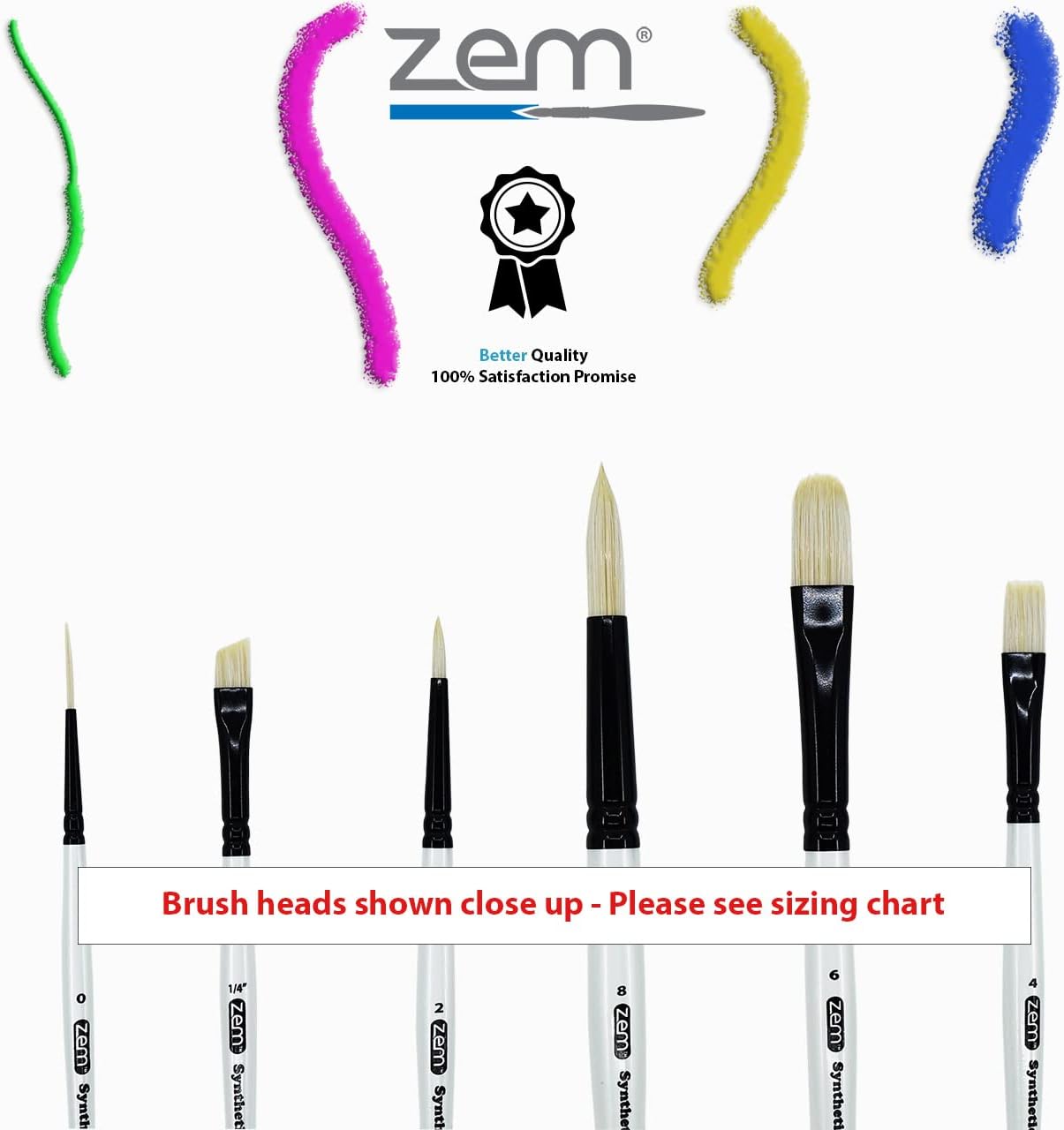 ZEM Brush White Hog Bristle Synthetic Combo Rounds, Flat, Filbert, Angle, Liner Artist Brush Set 6 pcs | Acrylic and Oil