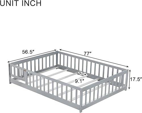 Miniatura 104 de Harper & Bright Designs Cama de suelo tamaño Queen con valla y puerta, marco de cama Montessori de madera para niños, niñas, listones incluidos, no