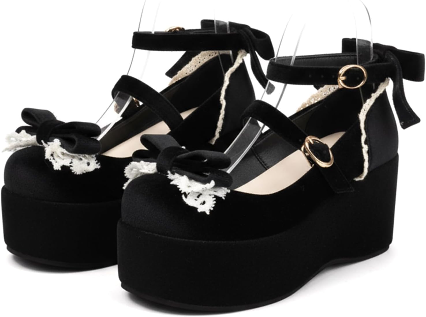 Women's Gothic Lolita Velvet Platform Mary Janes Bowknot Chunky Y2K Lace Up Shoes for Cosplay Party Costume Fashion