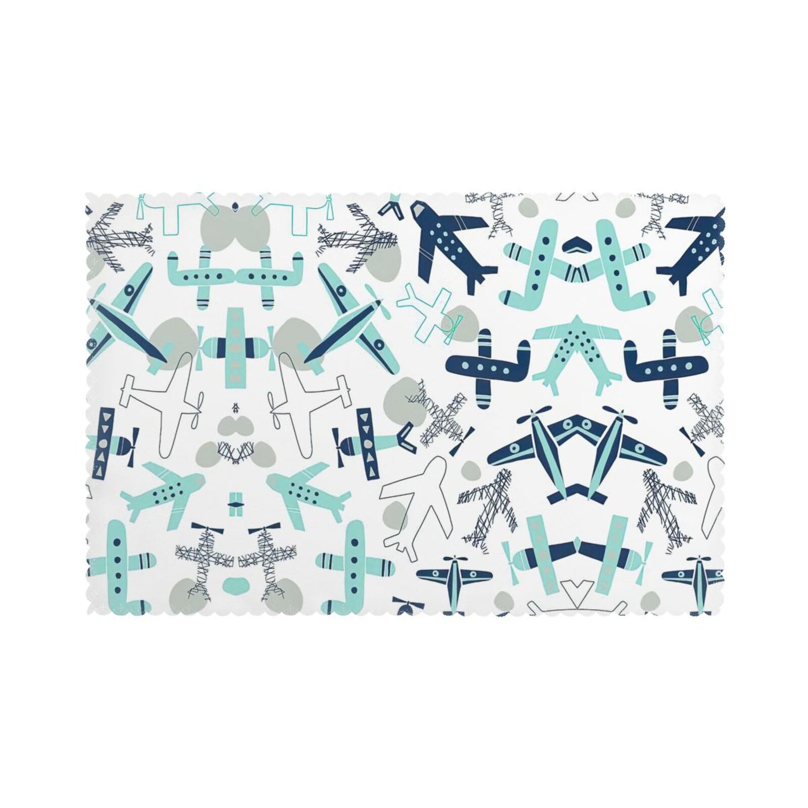 Airplane Print Placemats Set Of 6, 12x18 Inch Polyester Washable Heat Resistant Kitchen Dining Table Mats