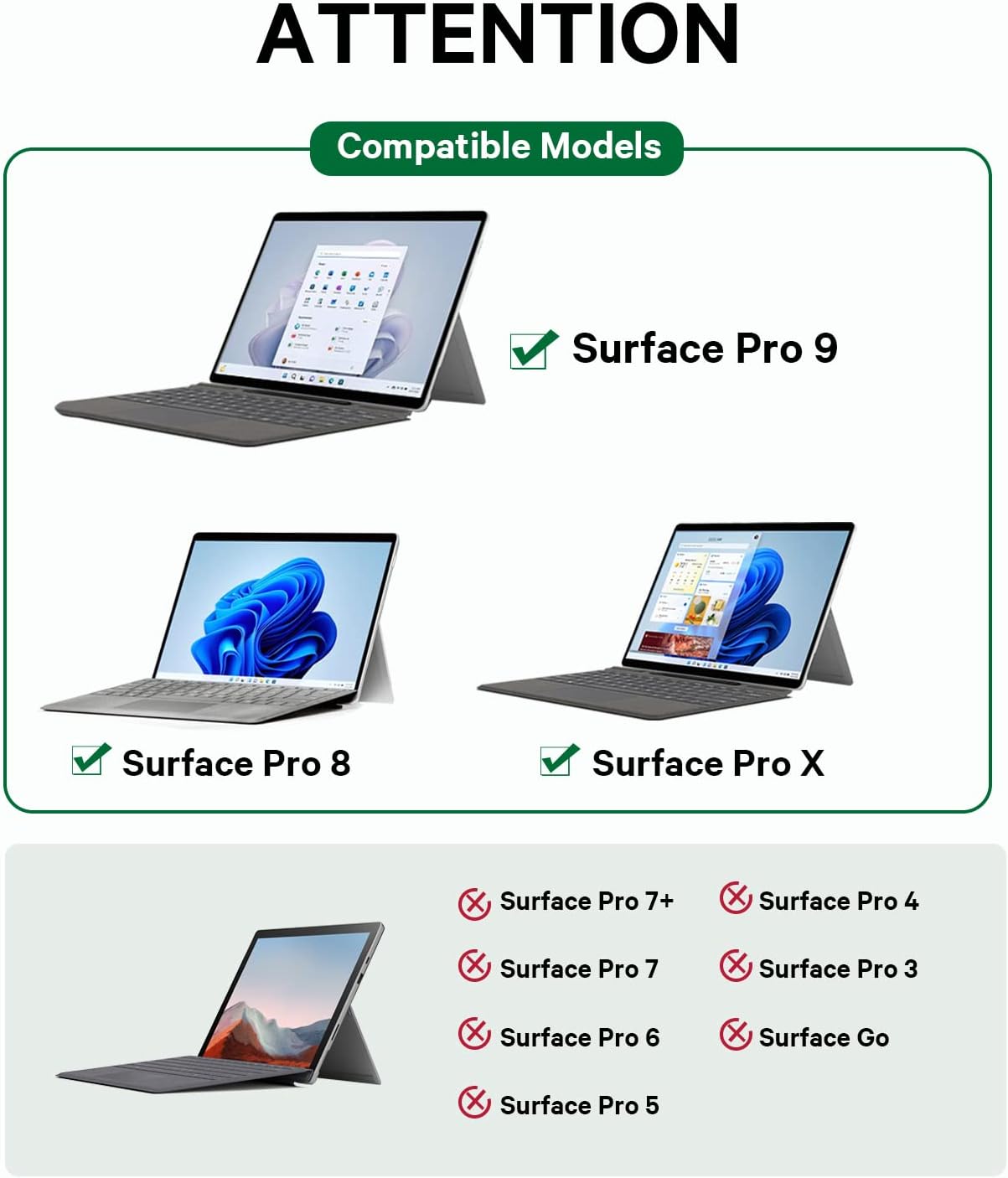 Compatibility chart showing supported Surface Pro models (9, 8, X) and unsupported models (7+, 7, 6, 5, 4, 3, Go).