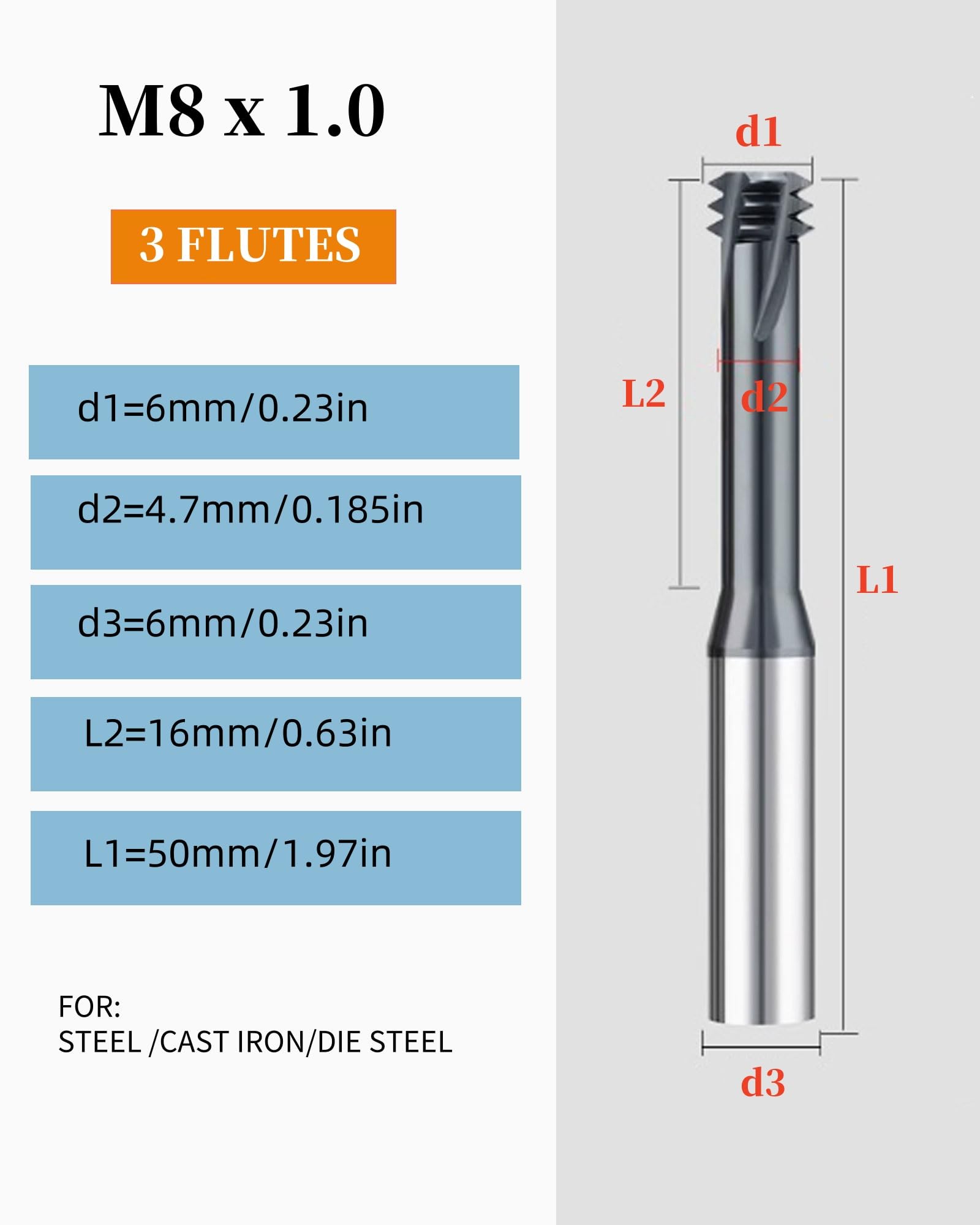 3 Flutes Solid Carbide Thread end Mill AlCrN Coated, 0.23in Cutting Diameter, Necked to Thread 0.63in Deep, 0.23in Shank Diameter,1.97 in Overall Length