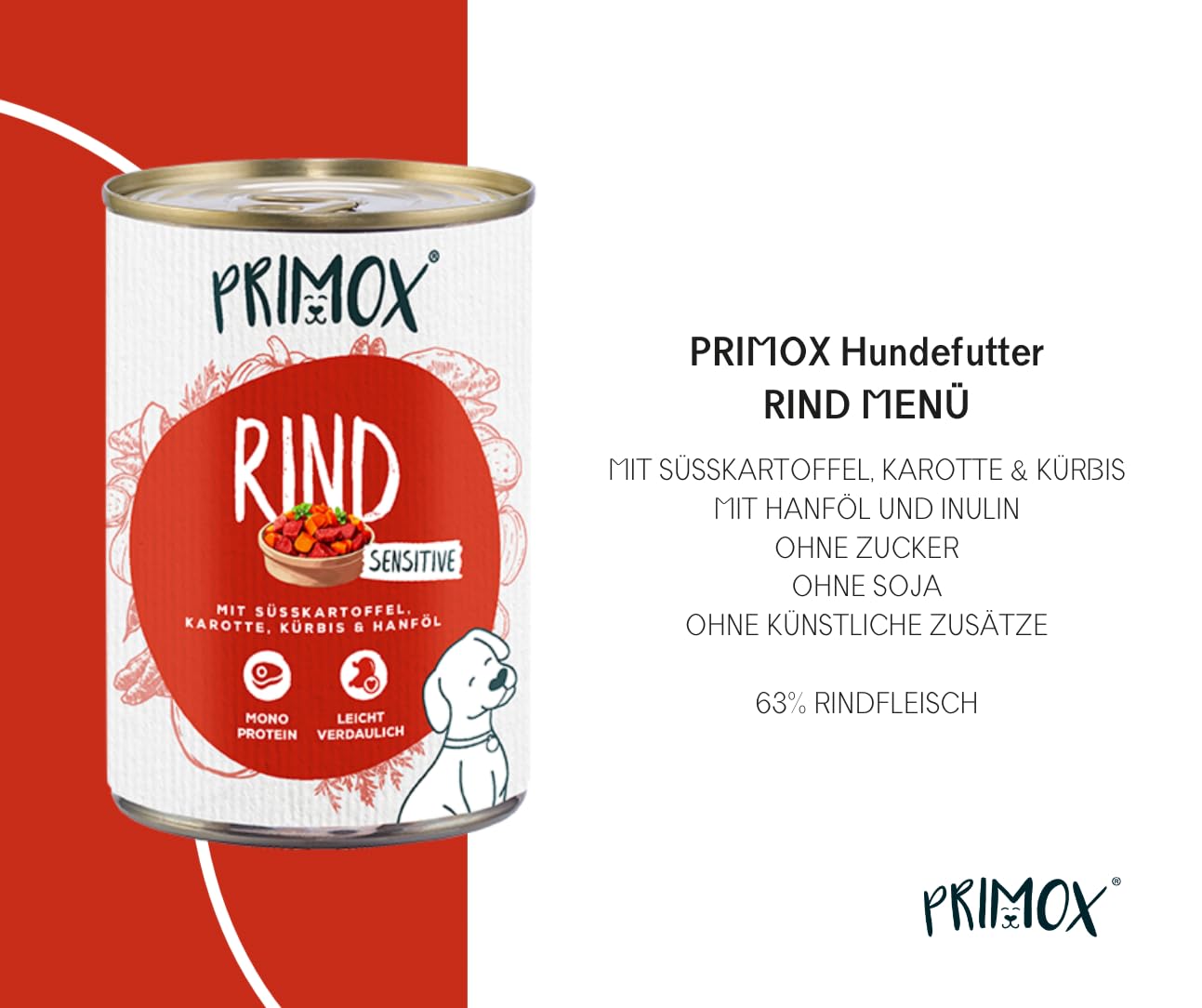 PRIMOX Hundefutter nass MENÜ Rind, 24x 400 g - Vollwertiges Nassfutter mit Fleisch & Gemüse - Monoprotein-Quelle ohne Getreide & Zucker - Mit Tierärzten entwickelt