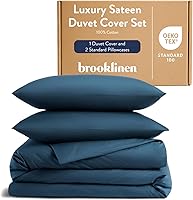 Vista 17 de Brooklinen Funda de edredón de satén de lujo, 100% algodón, tamaño individual/individual XL, color azul abismo con lazos en las esquinas extralargos