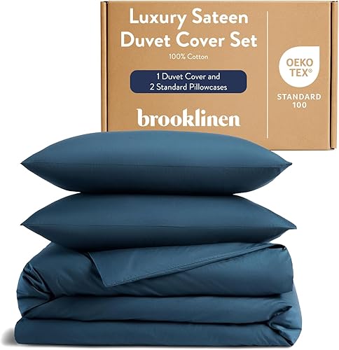 Miniatura 17 de Brooklinen Funda de edredón de satén de lujo, 100% algodón, tamaño individual/individual XL, color azul abismo con lazos en las esquinas extralargos