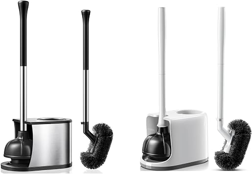 HAMITOR Toilet Plunger Bowl Brush ComboHeavy Duty Rubber for Drain Clog Remover - Curved Design Bristles for Deep Cleaning Under Rim