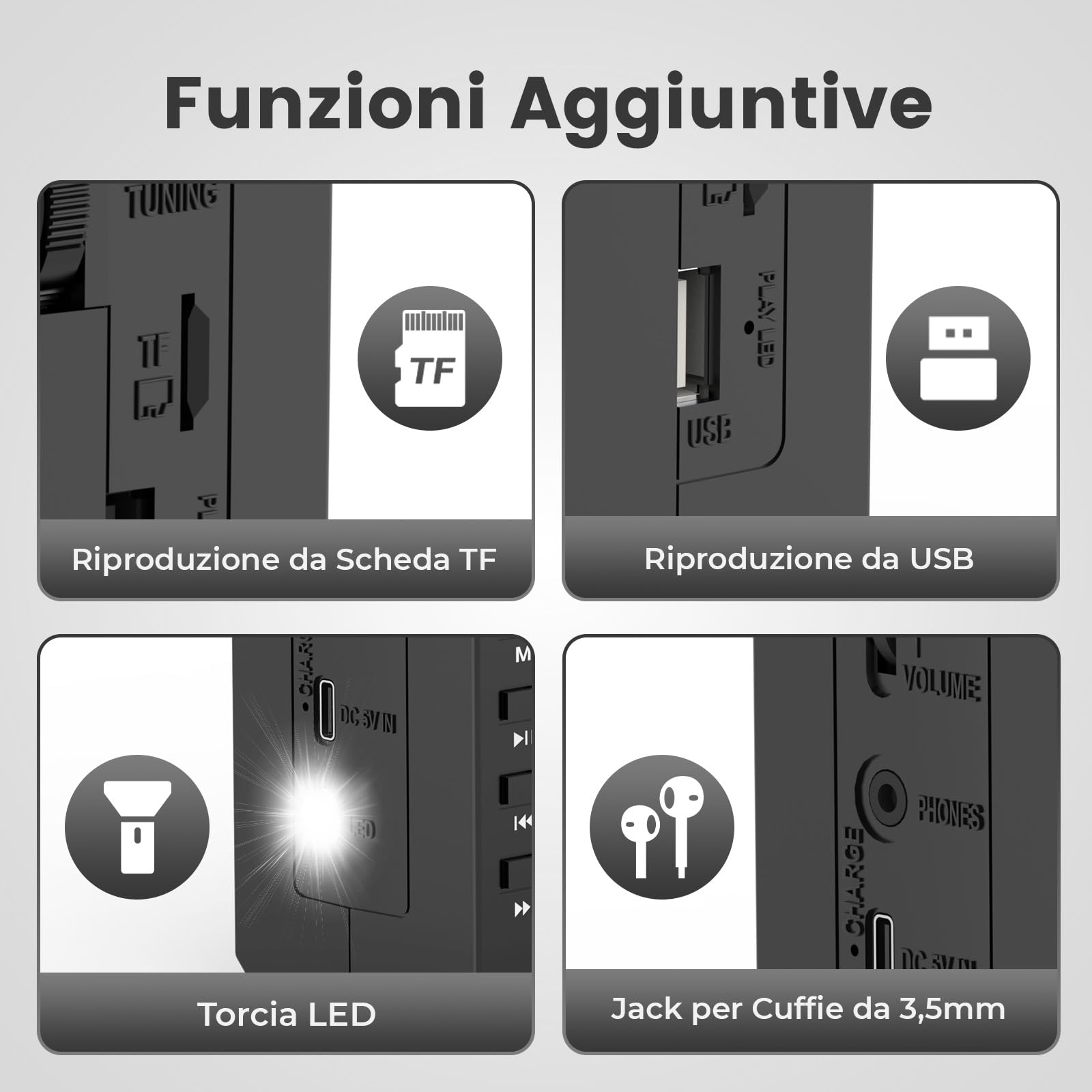 PRUNUS J-360 Radio Cassette AM/FM/SW Portatile con Bluetooth, Solare/Batteria Ricaricabile, Torcia, USB, TF Card