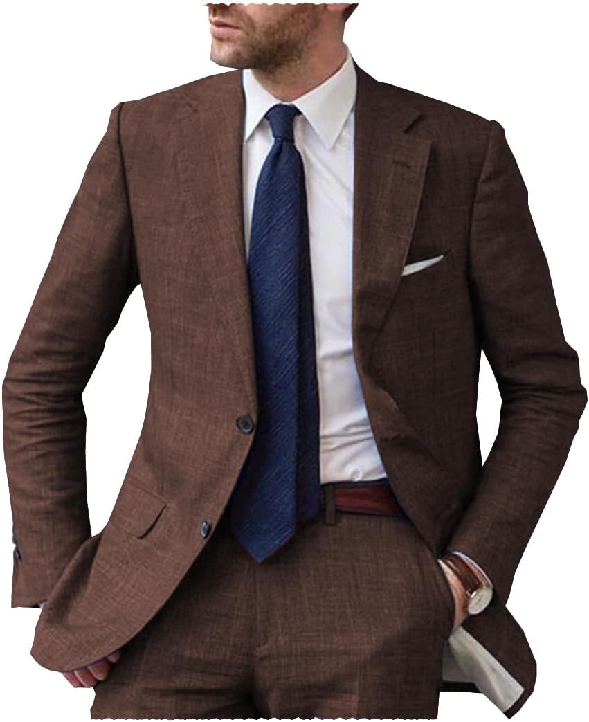 Men's Linen Suits Summer Business Casual Groomsmen Wedding Tuxedos 2 Pieces Jacket& Pants