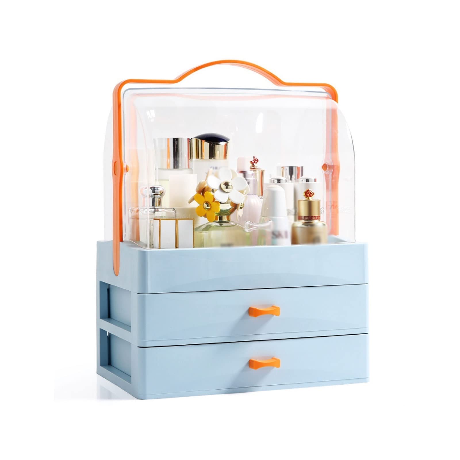 Scatola Porta Trucco, Organizer da banco per Cosmetici con Maniglia e Coperchio Trasparente, Adatto per comò da toeletta da Bagno e Camera da Letto