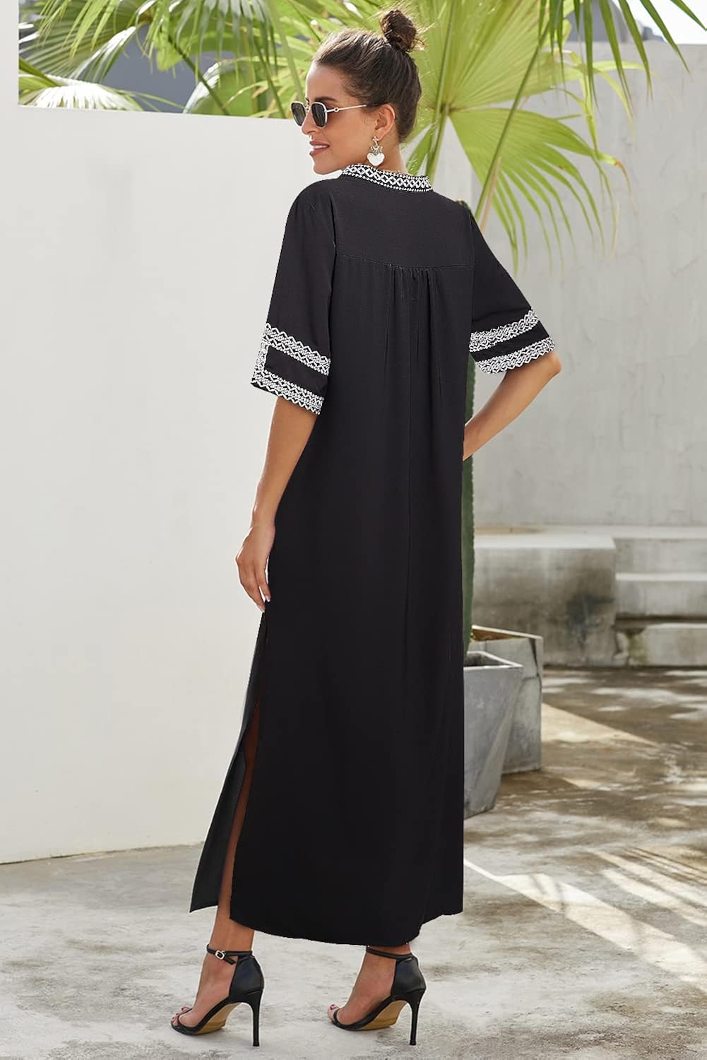 GOSOPIN Women Bohemian V Neck Short Sleeve Floral Maxi Dress Small Black