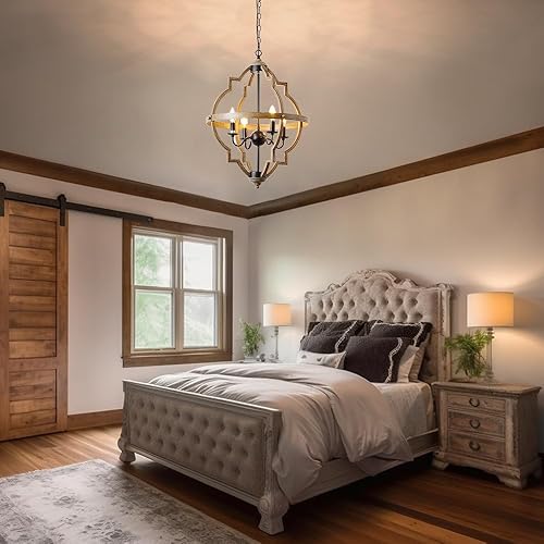 Miniatura 5 de SYLEEN 4 candelabros ligeros de granja para comedor, lámparas de vestíbulo grandes de 21.6 pulgadas, lámpara de madera envejecida para entrada, mesa