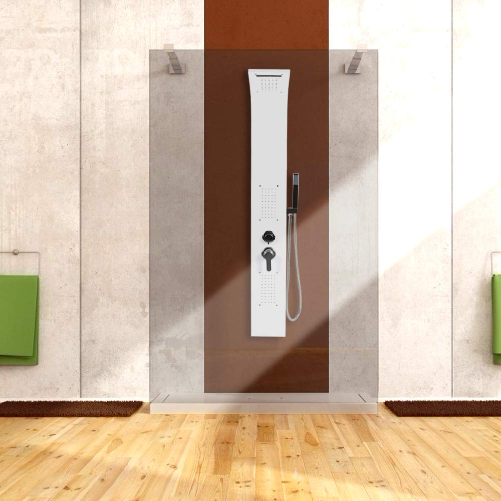 Pannello Doccia 5 In 1 in Acciaio Inox con Soffione, Colonna Doccia Idromassaggio a Pioggia e Doccetta [Classe di efficienza energetica A]Funzioni in 304 Acciaio Inox,20 x 7 x 140 cm (bianco)