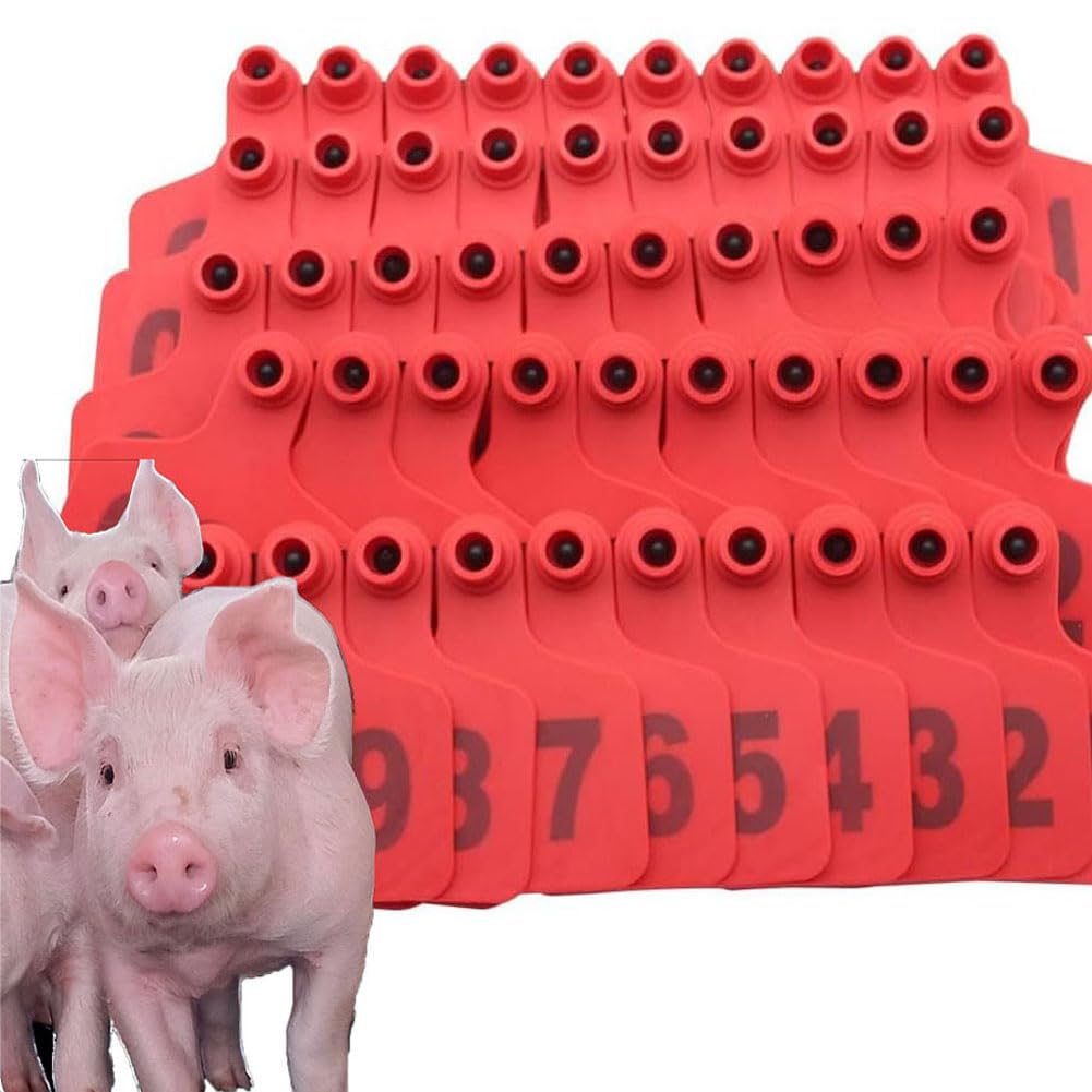 Kolczyki do identyfikacji zwierząt, 100/200/300/400 szt. Wielokolorowe, numerowane kolczyki PE dla zwierząt gospodarskich, wiele rozmiarów(Pig,Red 001-100)
