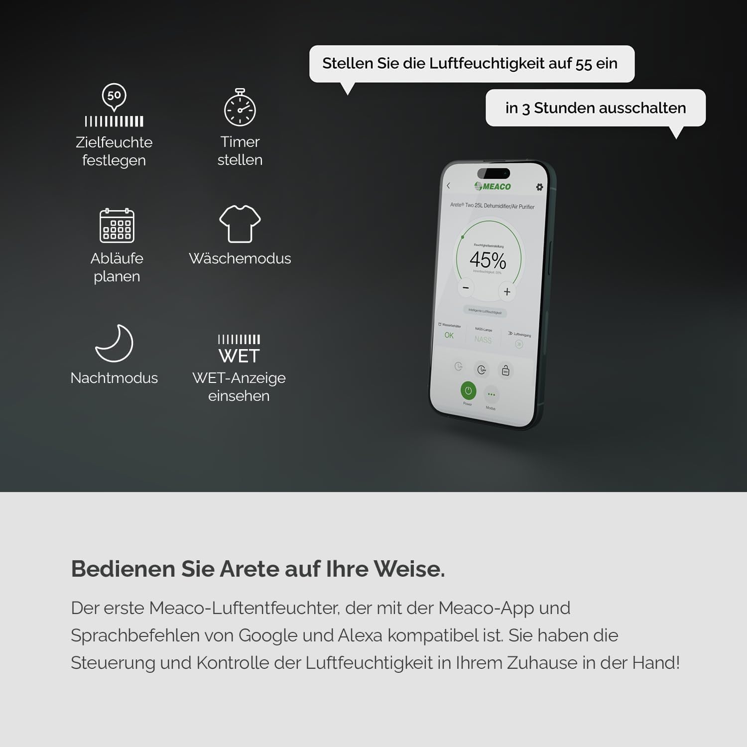 Meaco MeacoDry Arete® Two 20L Luftentfeuchter & HEPA-H13-Luftreiniger, Meaco-WLAN-App, intelligenter Feuchtigkeitsmodus, Wäschemodus, Stromsparmodus, leiser Modus, senkt Feuchtigkeit, 5 Jahre Garantie