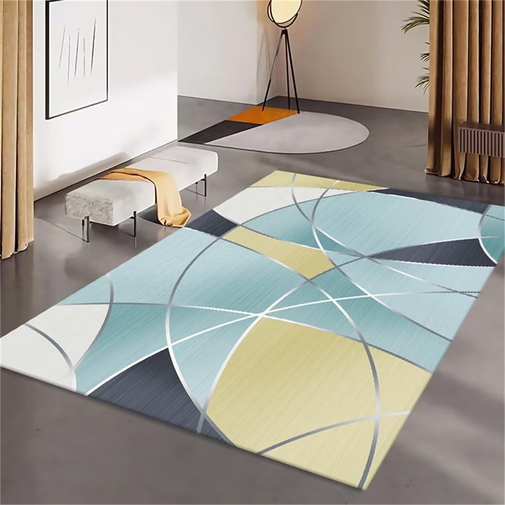 Tapis salle à manger design géométrique jaune et bleu lavable