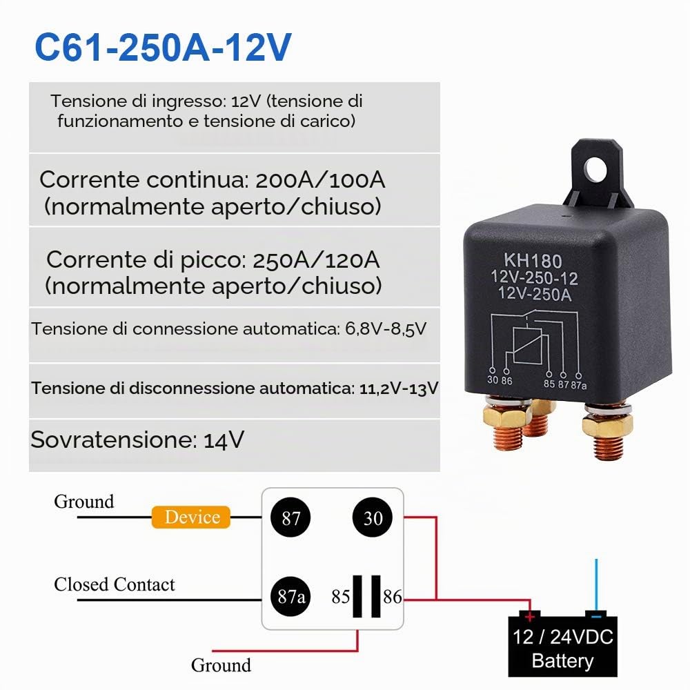 Ehdis Relè a 5 pin, da 12 V e 250 A, interruttore di controllo per batteria senza interruzioni ad alte prestazioni, presa relè per auto, moto, camion