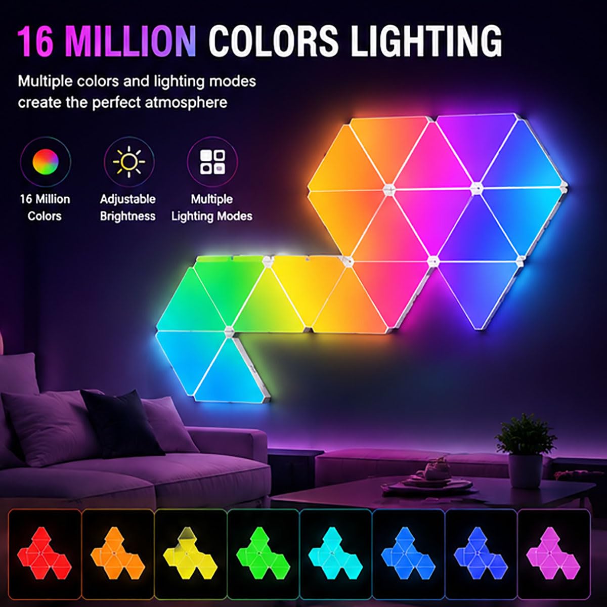 Trójkątne panele świetlne LED z synchronizacją muzyki i pilotem | Kinkiety do gier RGB, kontrola aplikacji, łączenie modułowe DIY, oświetlenie reagujące na dźwięk do wystroju(12PCS)