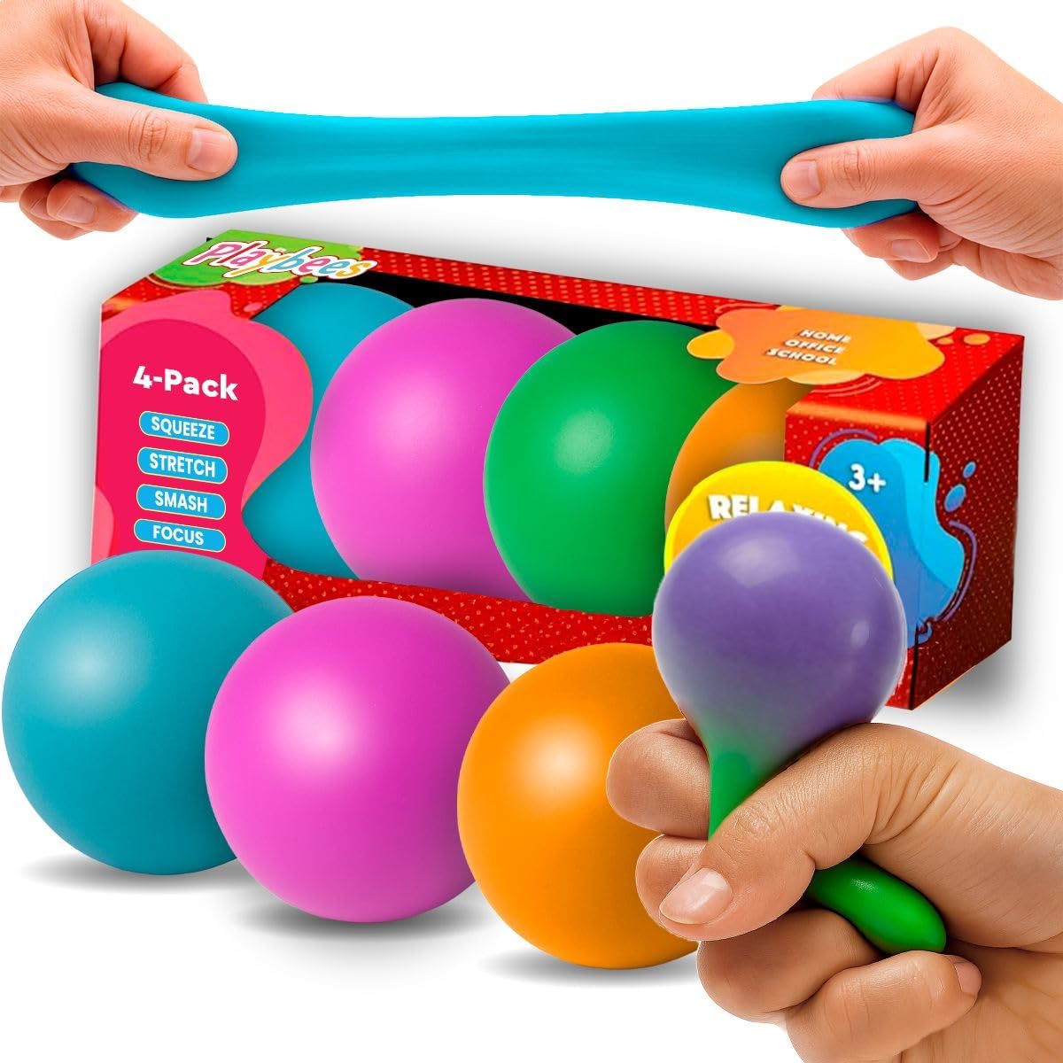Playbees Pull, Stretch & Squeeze Stress Balls – 4 Balls – Elastic Sensory Balls for Stress & Anxiety Relief – Calming Fidgets for Kids & Adults – Assorted Color Balls for Autism, ADHD & Classroom Use