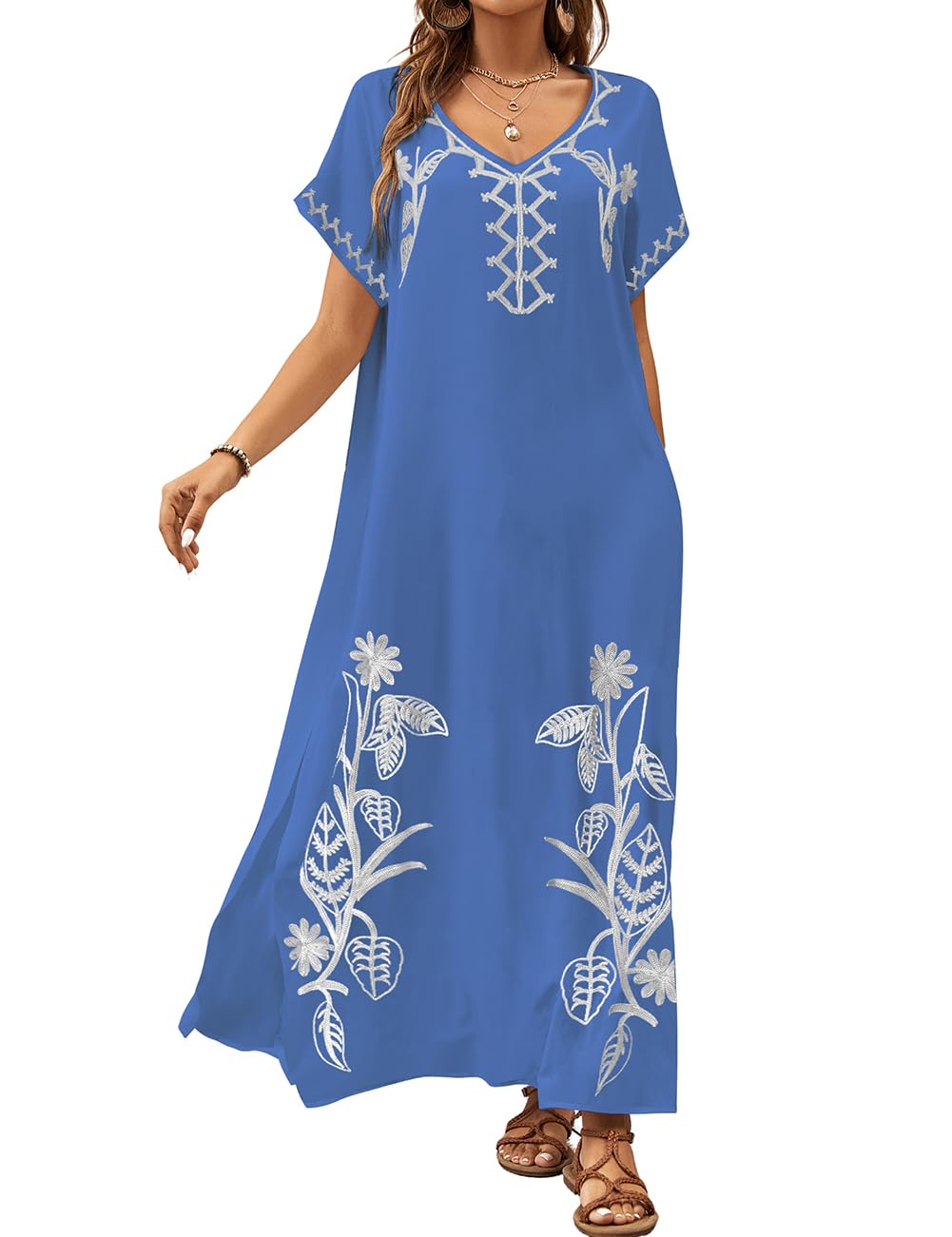 BsubseachGold Embroidery Long Kaftan Dresses V Neck Caftan Dress Beach Cover Ups for Women