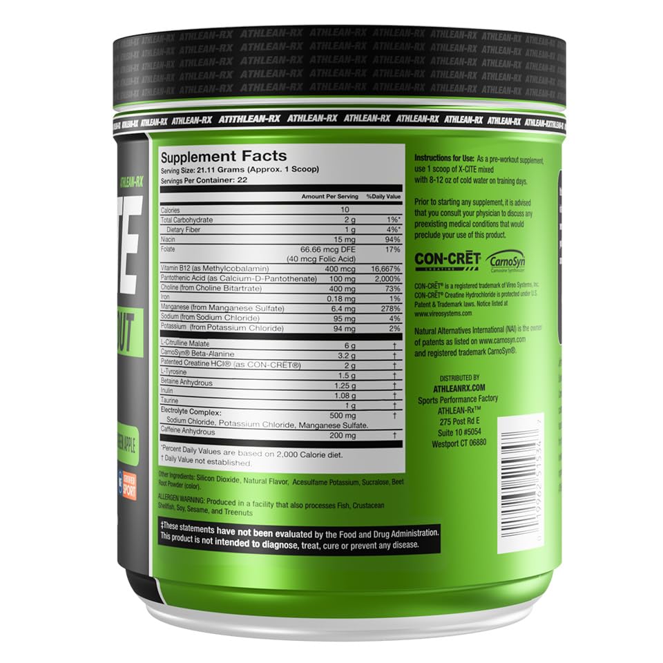 Image of X-CITE Pre-Workout by ATHLEAN-X - Enhanced Formula with Beta-Alanine, Creatine & Caffeine for Ultimate Energy, Endurance, Focus & Muscle Pump, NSF Certified for Sports (Sour Green Apple)