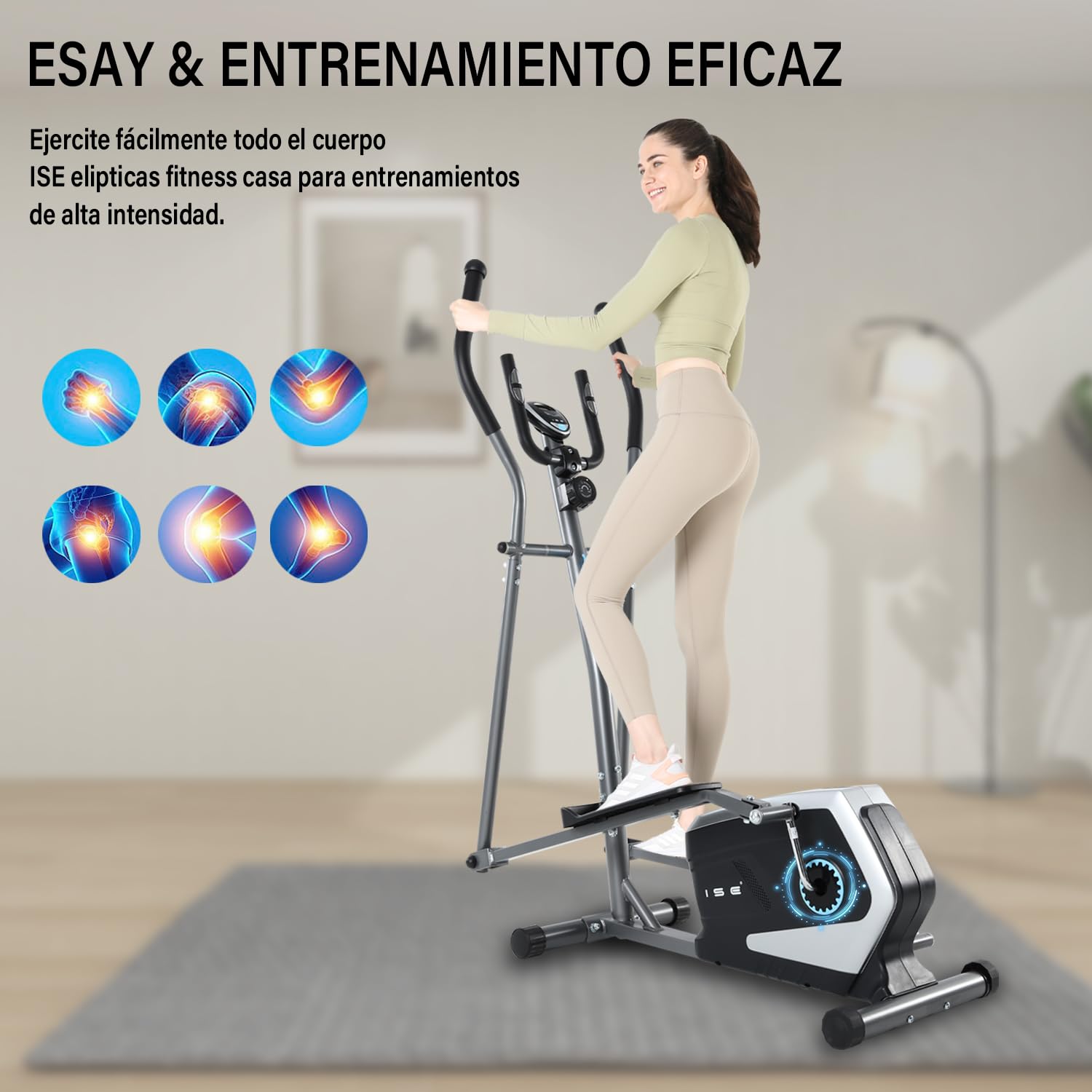 ISE Elipticas Fitness Casa,Eliptica Profesional con Sensor de Pulso,8 Niveles de Resistencia,Bici Eliptica con LCD Pantalla,Ajustable Bicicleta Elíptica con 8KG Volante de Inercia