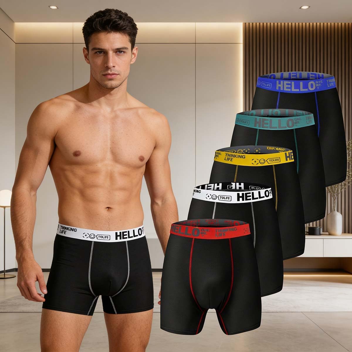 5 Pack Mens Boxer Trunk Brief,Athletic Nylon Stretch Performance Cool Dry Mesh Long Leg Underwear Boxer Briefs with Pouch