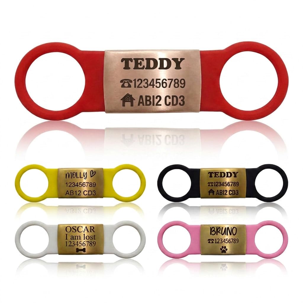 Slide On Dog ID Tag Silicone Personalised Laser Engraved Pet Name Tag (Rose Gold Red Silicon, (S-(1.8cm-4.0cm))