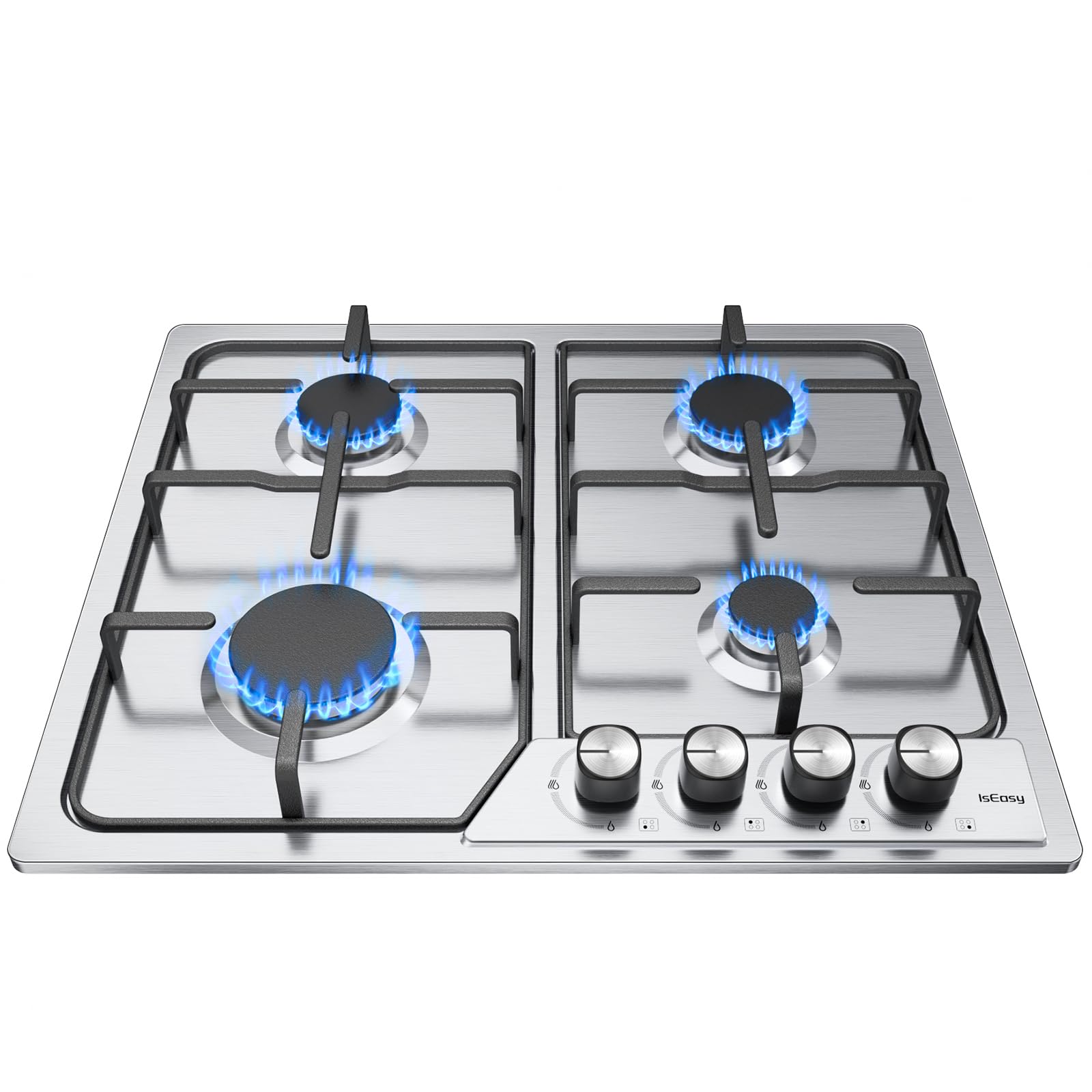 IsEasy Piano Cottura a Gas 4 Fuochi Incasso in Acciaio Inox, 60cm con Bruciatore da 7.2 kW, Sicurezza Termocoppia, Alimentazione Metano/GPL