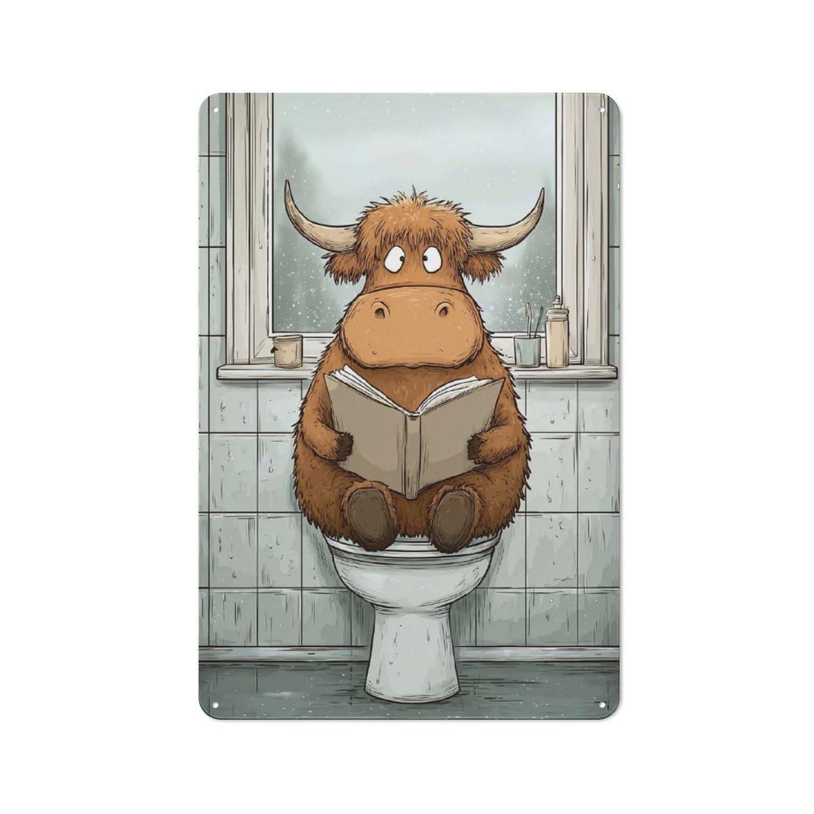 Junmoney Style-16 Metal Wall Sign 30X20cm Featuring Highland Cow Reading On Toilet For Café Or Home Bar, For Collectors Decorating Cafés And Home Bars